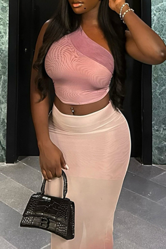 Apricot Pink Ombre Print Sleeveless Backless Oblique Collar Mesh Crop Top And Maxi Skirt Formal Evening Party Prom Two Pieces Dress Sets
