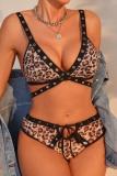 Leopard Print Sleeveless Backless Belted Hollow Out Bikini Sets Lingerie