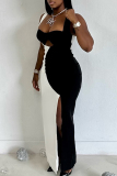 Black White Sleeveless Hollow Out Thigh-High Slit Formal Cocktail Party Bodycon Maxi Slip Dresses