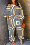 Black Casual Graphics Print Off Shoulder Long Sleeve Vacation Loose Harem Jumpsuit