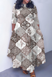 Light Army Green Graphics Print O Neck 3/4 Sleeve Belted Pockets Long Vacation Casual Pleated Maxi Dresses
