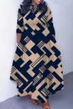 Light Army Green Graphics Print O Neck 3/4 Sleeve Belted Pockets Long Vacation Casual Pleated Maxi Dresses