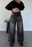 Casual Pocket Zipper Mid Waist Straight Distressed Wide Leg Denim Jeans