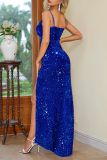 Blue Sequin Evening Party Gown Sleeveless V Neck High Slit Bodycon Glitter Prom Maxi Dress