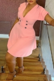 Pink V Neck Short Sleeve Button Front Casual A Line Formal Office Lady Bodycon Mini Dress