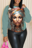 White African Figure Print O Neck Long Sleeve Casual Fall Winter Sweatshirt