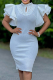 Black Pearls Decor O Neck Ruffle Sleeve Formal Evening Party Prom Bodycon Midi Dresses