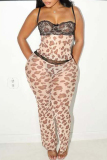 Dark Brown Leopard Print Backless Spaghetti Strap Lace Cami Crop Tops And Pants Night Club Casual Two Pieces Trouser Sets