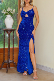 Blue Sequin Evening Party Gown Sleeveless V Neck High Slit Bodycon Glitter Prom Maxi Dress