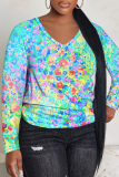 Brown Casual Floral Print V Neck Long Sleeve Fall Winter T-shirt