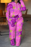 Rose Red Blue Graphics Print Long Sleeve Hooded Sweatshirt and Pants Casual Sportwear Matching Sweatsuit set