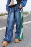 Green Casual Stripe Print Patchwork High Waist Straight Distressed Denim Jeans