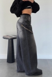 Casual Pocket Zipper Mid Waist Straight Distressed Wide Leg Denim Jeans