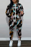 Green Casual Graphics Print Zipper Hooded Long Sleeve Sweatshirt And Pocket Skinny Pants Sportwear Two Pieces Matching Sweatsuit Set