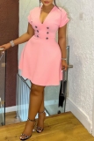 Pink V Neck Short Sleeve Button Front Casual A Line Formal Office Lady Bodycon Mini Dress