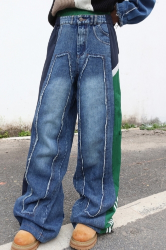 Green Casual Stripe Print Patchwork High Waist Straight Distressed Denim Jeans