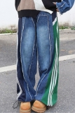 Green Casual Stripe Print Patchwork High Waist Straight Distressed Denim Jeans
