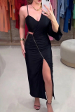Black One Long Sleeve Zipper Front High Slit Maxi Dress and Cami Crop Tops Formal Evening Party Prom Two Pieces Dress Sets