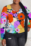 Brown Casual Floral Print V Neck Long Sleeve Fall Winter T-shirt