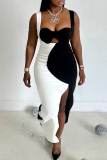 Black White Sleeveless Hollow Out Thigh-High Slit Formal Cocktail Party Bodycon Maxi Slip Dresses