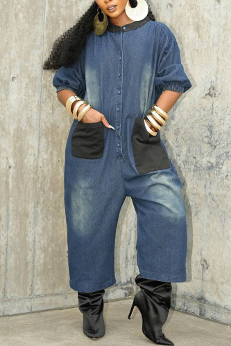 Blue O Neck 3/4 Sleeve Pocket Buttons Casual Plus Size Denim Wide Leg Jumpsuits