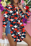 Navy Casual Graphics Print Long Sleeve Buttons Slit Turndown Collar Blouse Shirt Tops