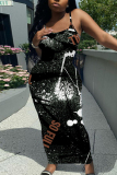 Black Graphics Print Sleeveless Backless Spaghetti Strap Summer Casual Outings Vacation Bodycon Maxi Slip Dress