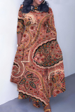 Multicolor Casual Boho Graphics Print O Neck 3/4 Sleeve Belted Pockets Long Vacation Pleated Maxi Dresses