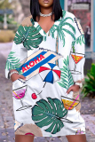 White Blue Graphics Print V Neck Long Sleeve Plus Size Loose Pockets Casual Outing Midi T-Shirt Dress