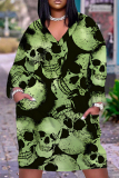 Apricot Graphics Print V Neck Long Sleeve Plus Size Loose Pockets Casual Outing Midi T-Shirt Dress