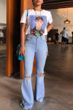 Blue Denim Zipper Fly Button Fly Mid Hole Patchwork Boot Cut Pants