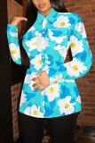 Rose Red Floral Print Buttons Turndown Collar Long Sleeve Casual Vacation Blouse