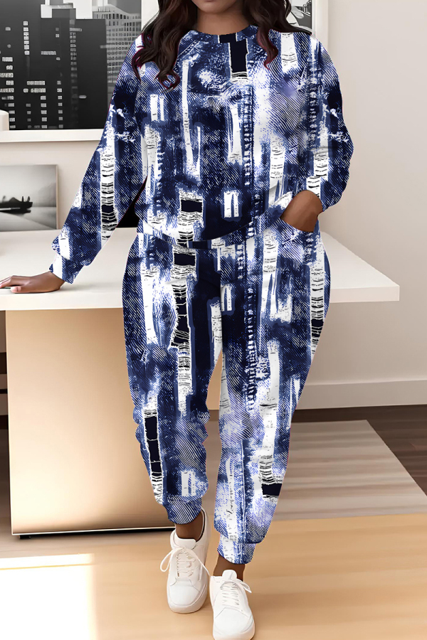 Blue Graphics Print O Neck Long Sleeve Sweatshirt And Skinny Pants Sportwear Casual Two Pieces Tracksuit Sweatpants Set