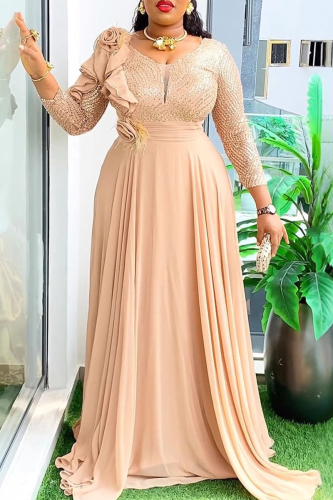 Champagne Flower Shape V Neck 3/4 Sleeve Long Plus Size Formal Evening Party Pleated Glitter Prom Ruched Maxi Dresses