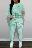 Light Green Graphics Print O Neck Long Sleeve Sweatshirt And Skinny Pants Sportwear Casual Two Pieces Tracksuit Sweatpants Set