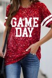 Red Shimmer Letter Print O Neck Short Sleeve Casual Oversize Graphics T-Shirts