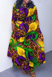Multicolor Casual Graphics Print O Neck 3/4 Sleeve Belted Pockets Long Vacation Pleated Maxi Dresses