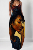 Milky African Figure Print Sleeveless Spaghetti Strap Pocket Casual Loose Maxi Slip Dresses