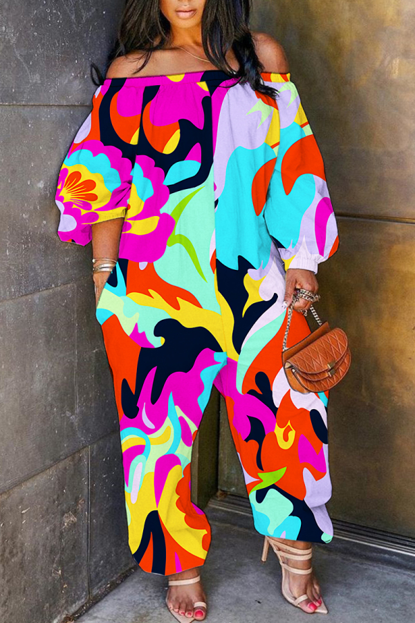 Light Purple Casual Graphics Print Off Shoulder Long Sleeve Vacation Straight Harem Jumpsuits