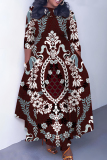 Multicolor Casual Boho Graphics Print O Neck 3/4 Sleeve Belted Pockets Long Vacation Pleated Maxi Dresses