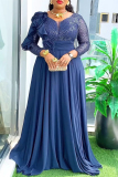 Champagne Flower Shape V Neck 3/4 Sleeve Long Plus Size Formal Evening Party Pleated Glitter Prom Ruched Maxi Dresses