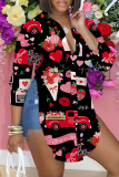 Navy Casual Graphics Print Long Sleeve Buttons Slit Turndown Collar Blouse Shirt Tops