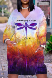 Apricot Graphics Print V Neck Long Sleeve Plus Size Loose Pockets Casual Outing Midi T-Shirt Dress