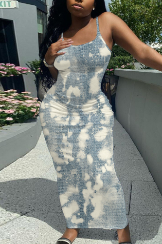 Dark Blue Graphics Print Sleeveless Backless Spaghetti Strap Summer Casual Outings Vacation Bodycon Maxi Slip Dress