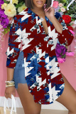 Navy Casual Graphics Print Long Sleeve Buttons Slit Turndown Collar Blouse Shirt Tops