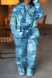 Gray Blue Graphics O Neck Long Sleeve Hoodie Sweatshirt And Skinny Pants Sportwear Casual Two Pieces Tracksuit Sweatpants Set
