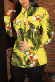Rose Red Floral Print Buttons Turndown Collar Long Sleeve Casual Vacation Blouse