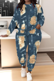 Blue Graphics Print O Neck Long Sleeve Sweatshirt And Skinny Pants Sportwear Casual Two Pieces Tracksuit Sweatpants Set