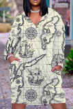 Apricot Graphics Print V Neck Long Sleeve Plus Size Loose Pockets Casual Outing Midi T-Shirt Dress