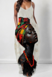 Milky African Figure Print Sleeveless Spaghetti Strap Pocket Casual Loose Maxi Slip Dresses